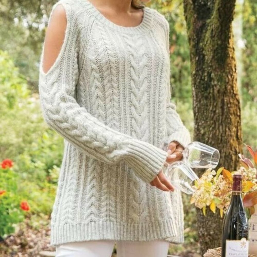 Soft Surroundings Cozy Cold Shoulder Gray Chunky Cable Knit Sweater Sz. M